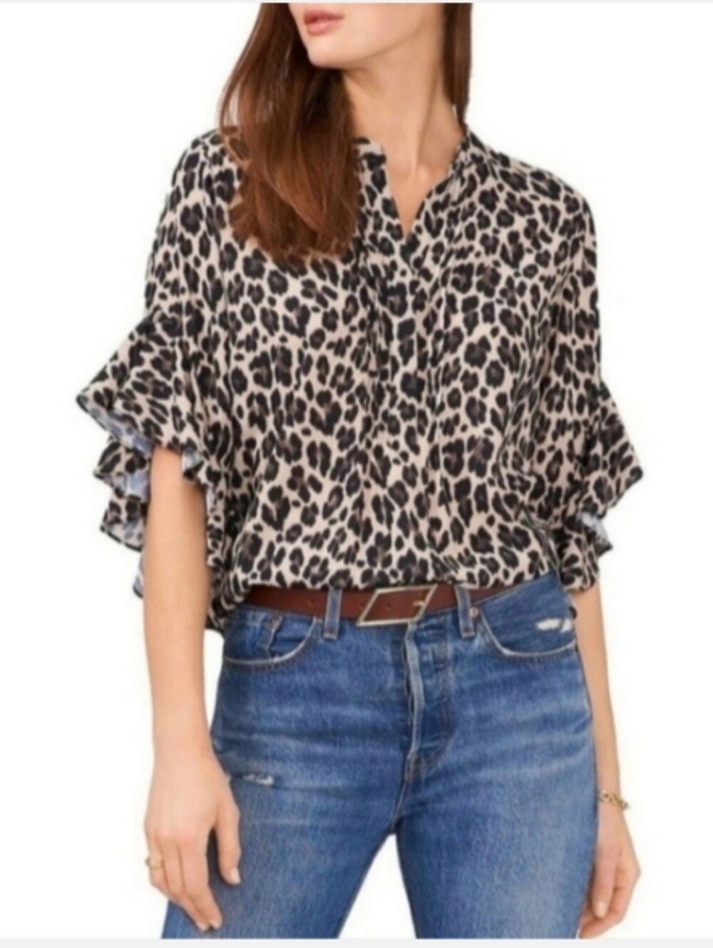 Vince Camuto Women's Pintuck Animal Print Henley Shirt SZ S
